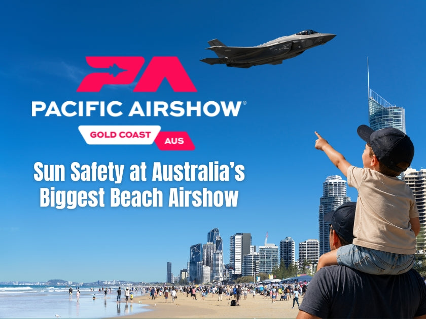 F-35 fighter jet flying over Surfers Paradise Beach during Pacific Airshow Gold Coast 2026 with families watching from the beach.