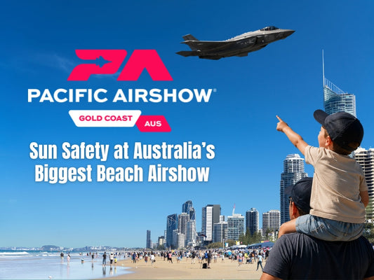 F-35 fighter jet flying over Surfers Paradise Beach during Pacific Airshow Gold Coast 2026 with families watching from the beach.