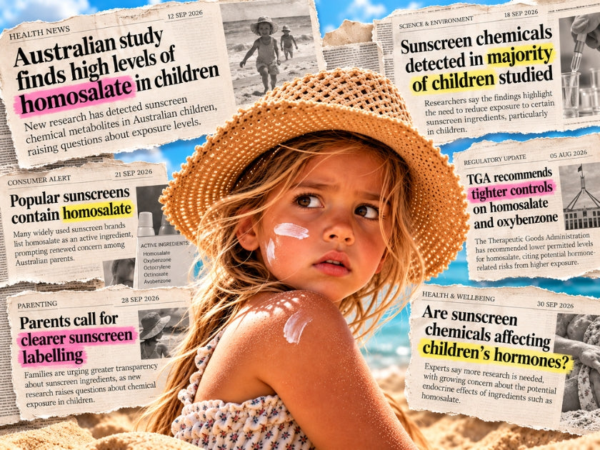 Young girl wearing a straw hat with sunscreen on her skin, surrounded by newspaper-style headlines about homosalate in sunscreen, Australian children and hormone safety concerns.