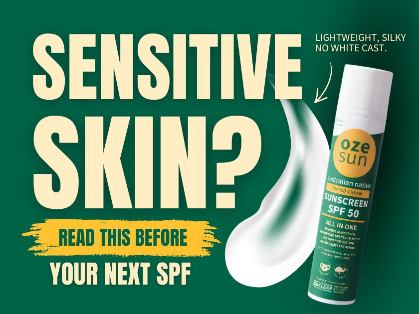 Oze Sun® SPF50 sunscreen for sensitive skin with a lightweight, silky texture and no white cast, alongside text reading “Sensitive Skin? Read This Before Your Next SPF.