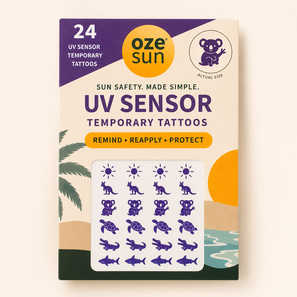 Oze Sun UV Sensor Temporary Tattoos 24 Pack featuring Australian animal UV-reactive temporary tattoos.