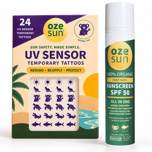 Oze Sun UV Sensor Temporary Tattoos sunscreen set, showing the retail box with 24 temporary tattoos and a oze sun sunscreen bottle labeled SPF 50.