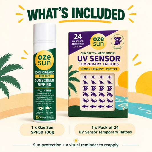 Oze Sun sunscreen and UV sensor temporary tattoo set in a single promotional graphic. The image shows a bottle of Oze Sun SPF 50 sunscreen alongside its packaging, and a pack of 24 UV sensor temporary tattoos showing Australian animal designs.