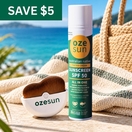 Oze Sun® Everyday Protection Bundle featuring SPF50 mineral zinc sunscreen and Compact Kabuki Brush with protective cover, styled as summer essentials. Bundle and save $5.