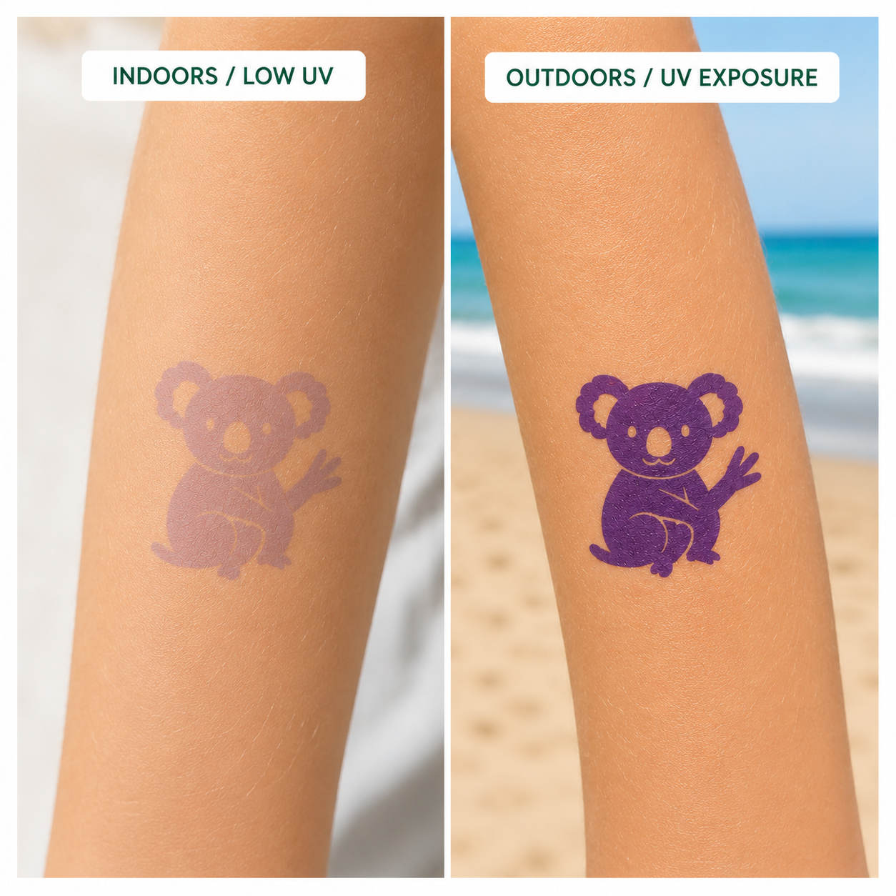 Comparison of Oze Sun UV Sensor Temporary Tattoo indoors with low UV and outdoors with UV exposure, showing the koala design becoming more visible in sunlight.