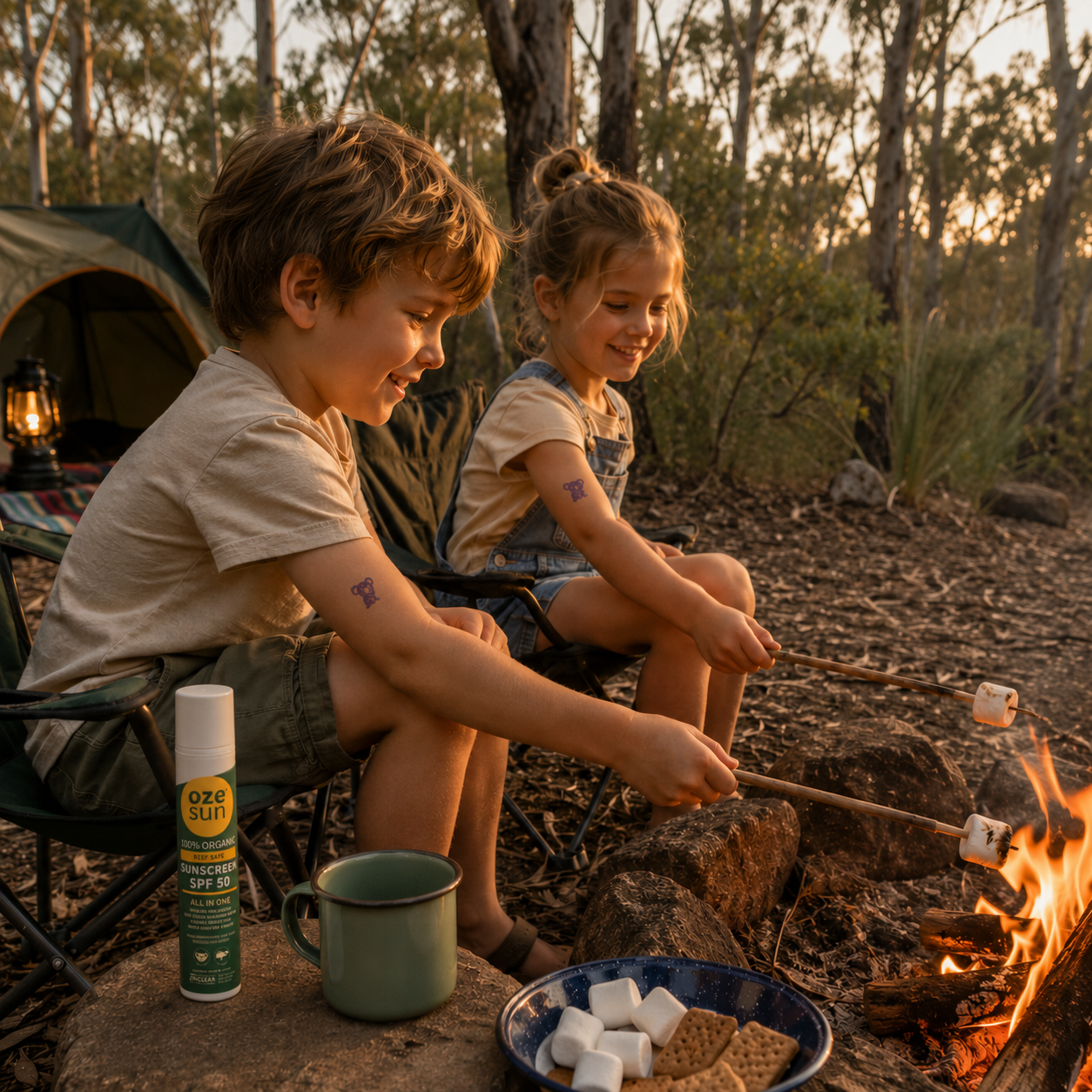 Two children wearing purple koala UV sensor temporary tattoos roast marshmallows beside a campfire at an Australian bush campsite, with Oze Sun mineral SPF50 sunscreen nearby.